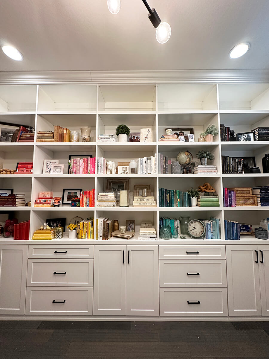 Curated luxury office archive shelving with uniform labeled binders and a retrieval-ready system after Lifelystyle office organization in Las Vegas