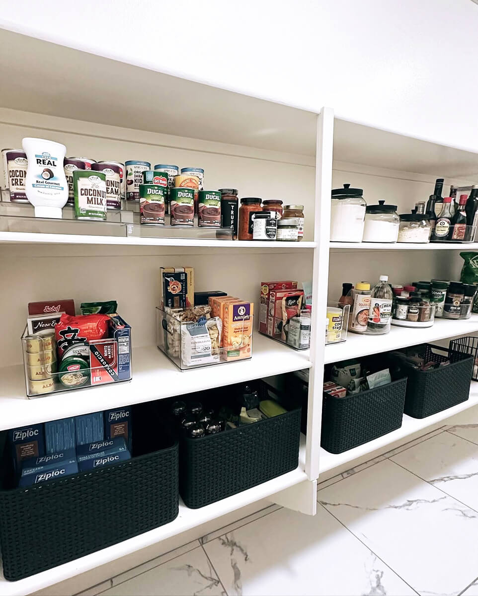 Luxury pantry with decanted goods in clear containers and clean labeled storage after professional kitchen organizing by Lifelystyle in Summerlin, Las Vegas — boutique-grade order